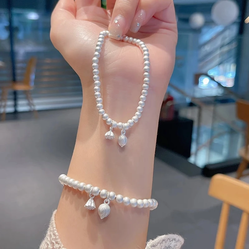 足银手链 两世欢纯银手链女999莲蓬转运珠足银手镯七夕情人节礼物