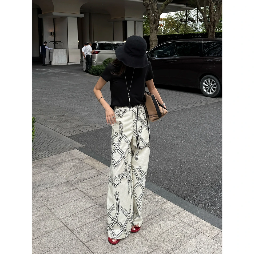 【波萨若瓦】“亚麻裤”极简老钱风设计黑色线条拼接透气休闲裤21474