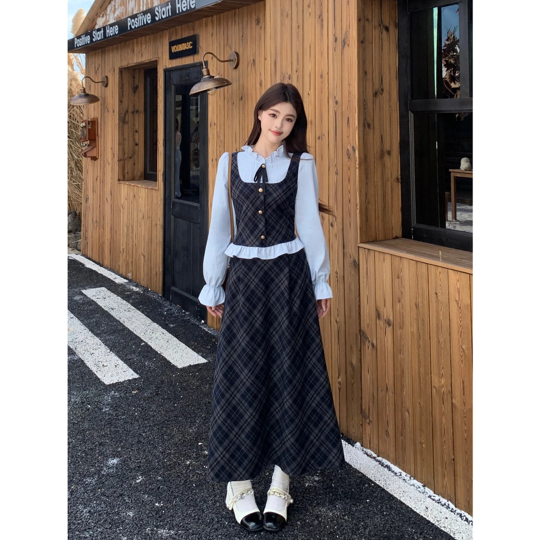 2025新款秋冬穿搭韩系格子设计感学院风假两件上衣半身裙两件套女