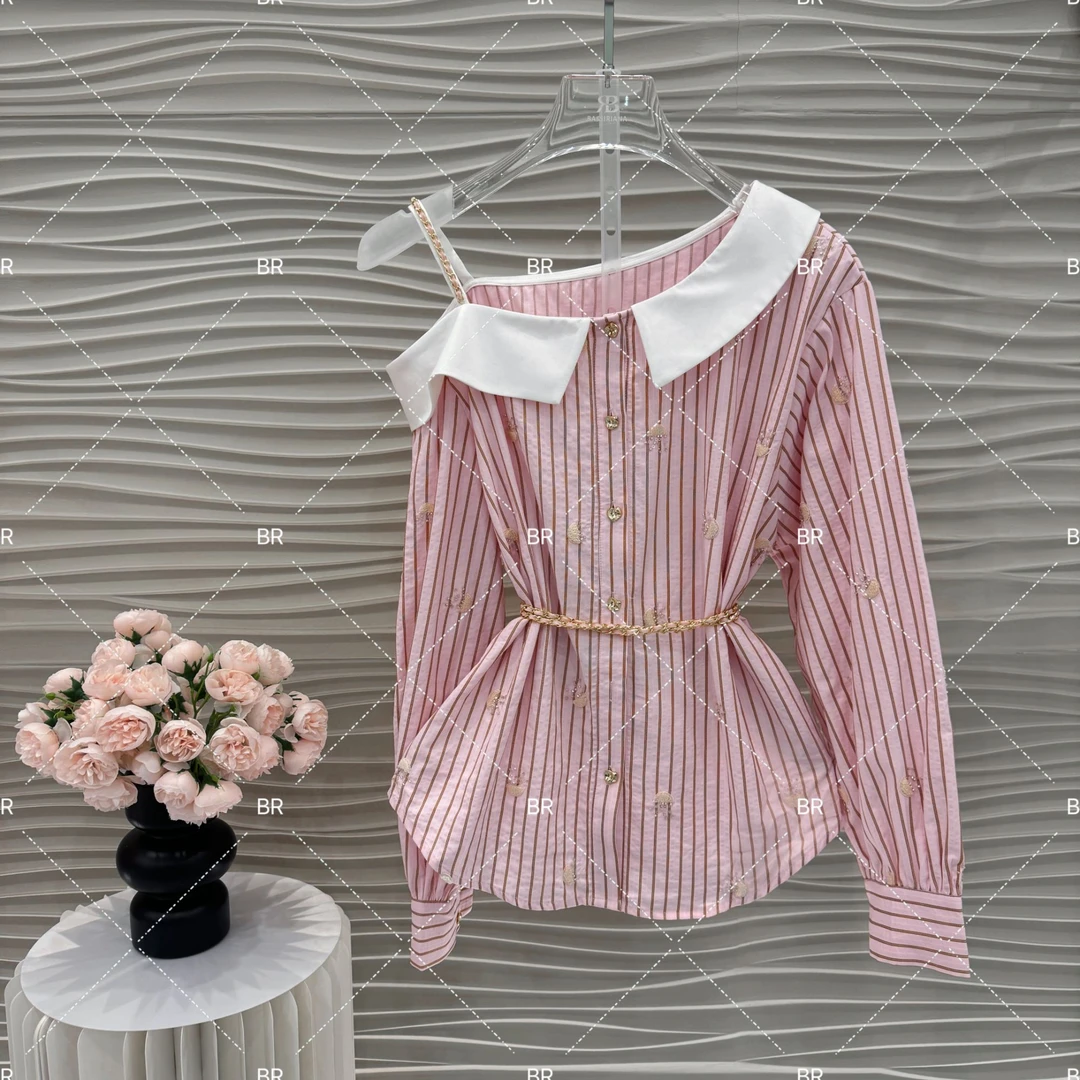 【JJ高定】韩版温柔气质露肩休闲条纹衬衫减龄冷淡系高级感上衣5271