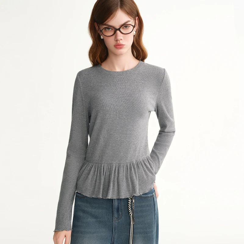 独束大码女装【冬日涟漪】圆领荷叶边打底衫显瘦针织25DS84342