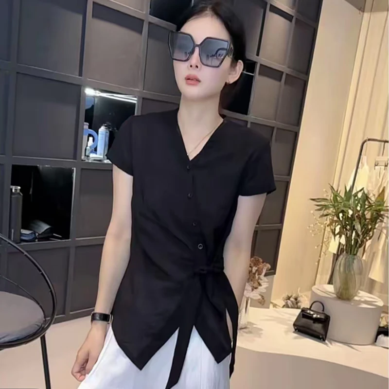 《优麦汇》Y6302不规则V领短袖绑带T恤女2025夏季新款时尚洋气上衣