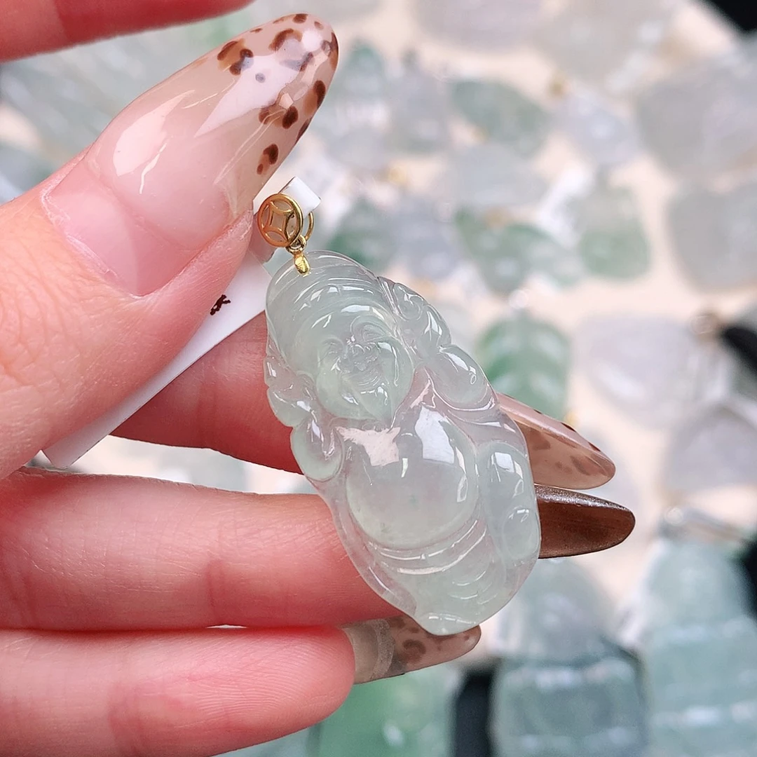 翡翠颈饰18K金镶嵌飘彩财神34，18、5