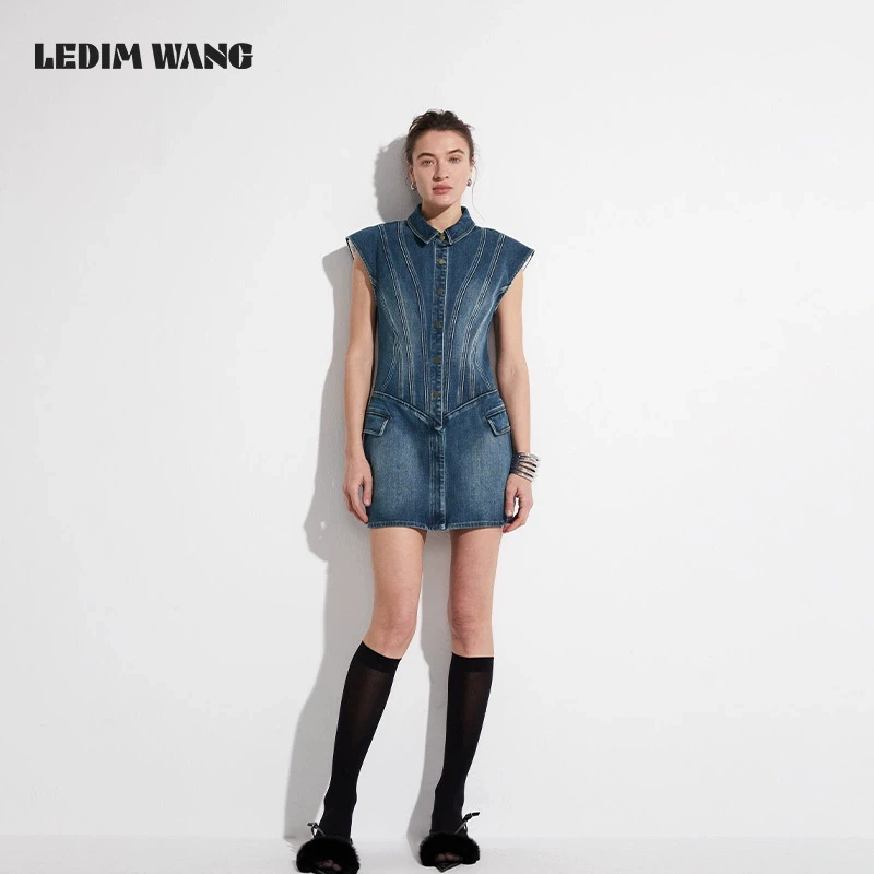 1LEDIM WANG原色无袖牛仔连衣裙女夏2025新翻领结构拼接百搭短裙