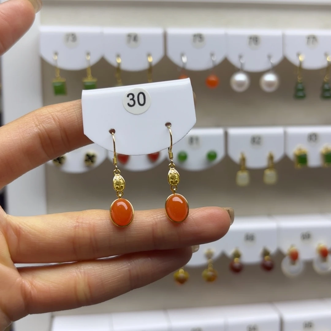 南红玛瑙银S925镶嵌耳饰