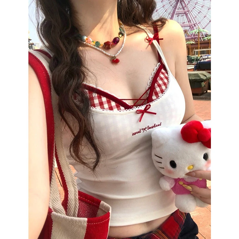格子撞色美式辣妹蕾丝蝴蝶结叠穿吊带背心女带胸垫修身两件套上衣