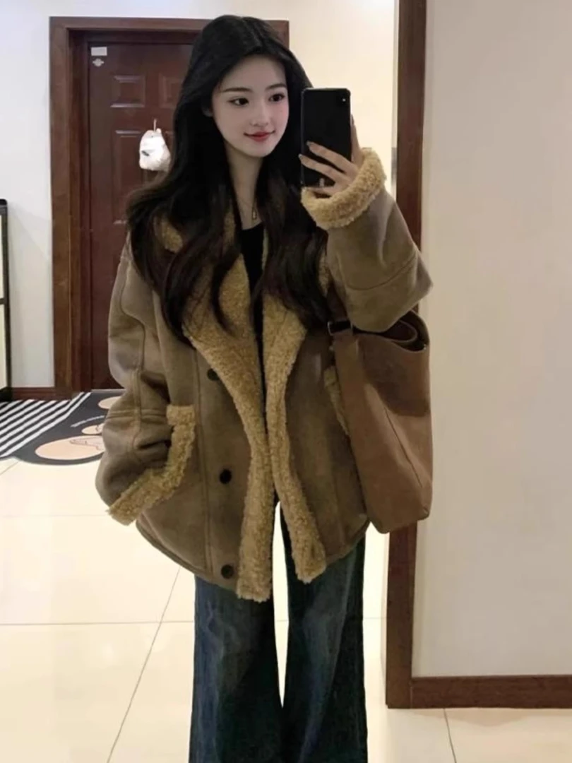 冬装搭配一整套大码胖mm皮毛一体羔毛外套搭配牛仔裤两件套装女