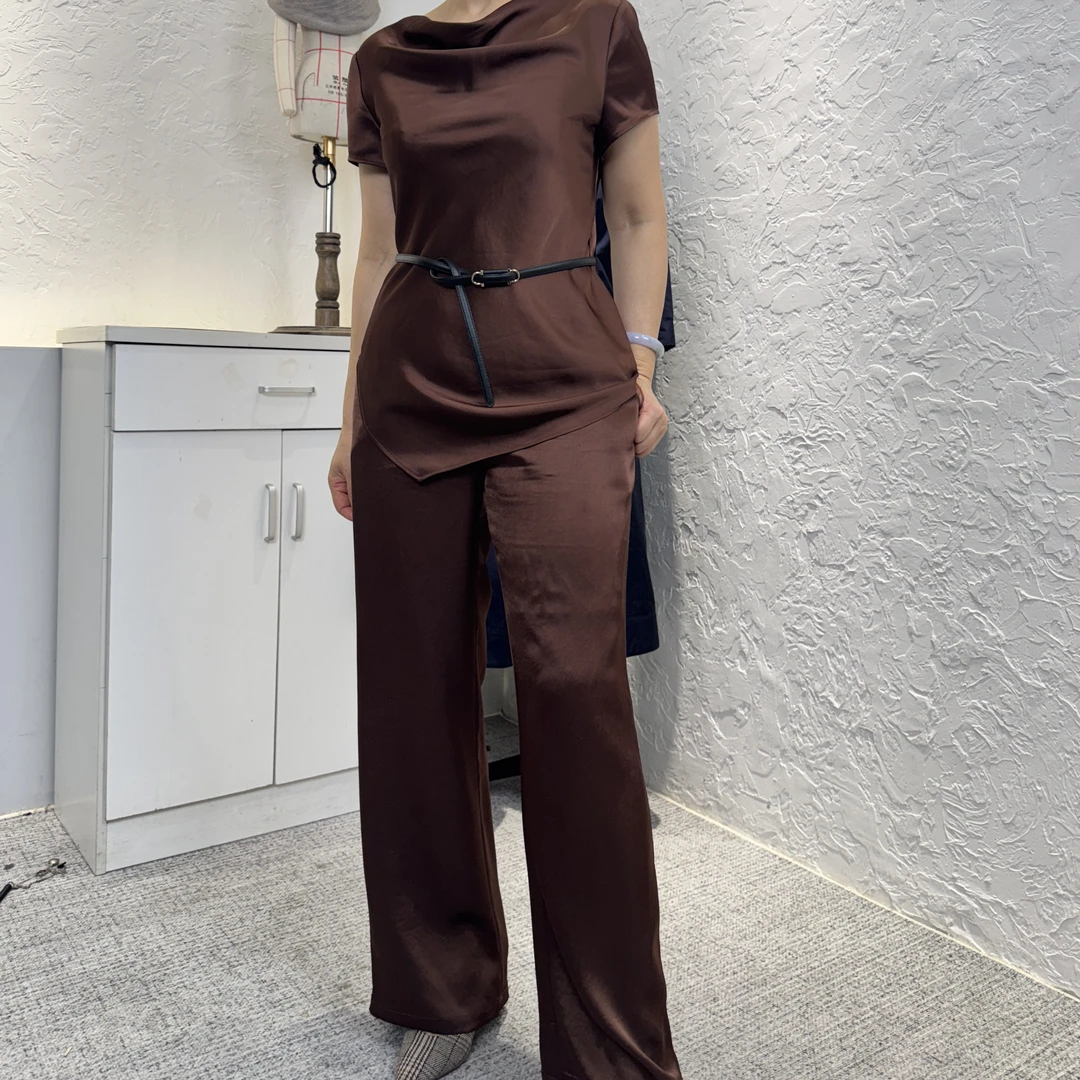 A0192 气质显瘦休闲套装短袖上衣高腰阔腿裤两件套时尚通勤