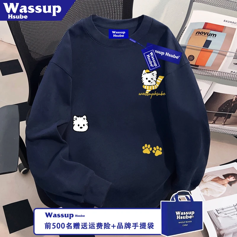 WASSUP HSUBE围巾小狗印花T恤秋季100%棉长袖ins男女藏青圆领上衣