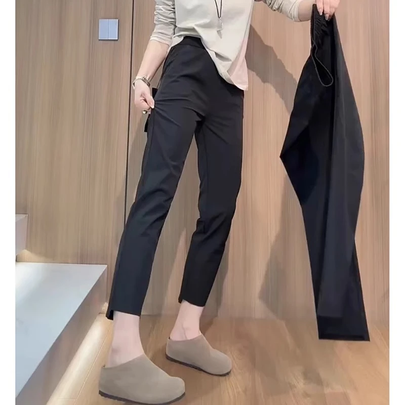 黑色直筒休闲裤女春秋大码胖mm高腰弹力西装裤宽松显瘦九分烟管裤