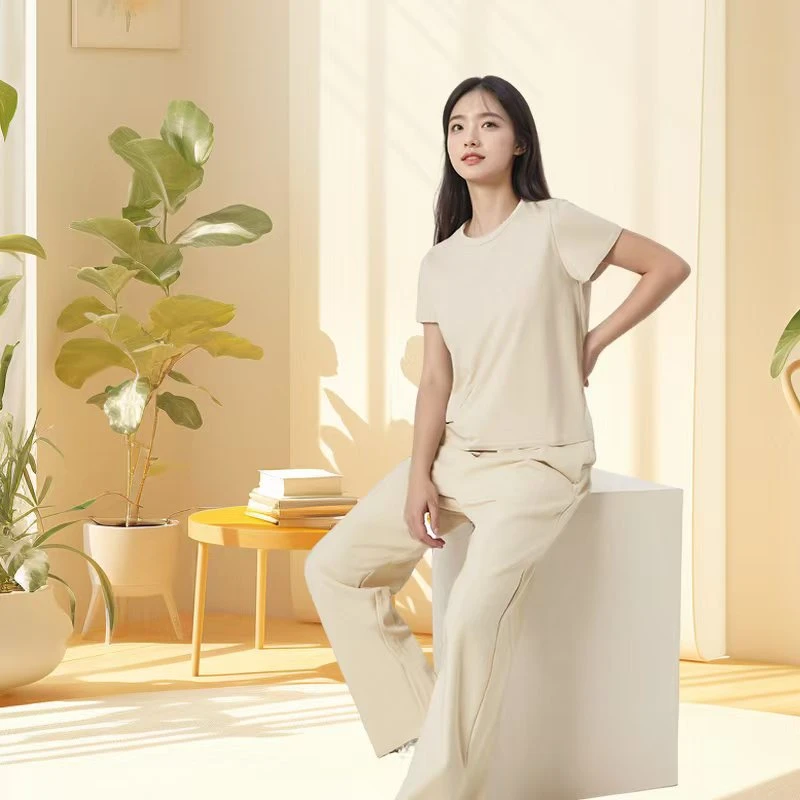 天然彩棉短袖长裤舒适柔软圆领弹力春夏休闲夏季
