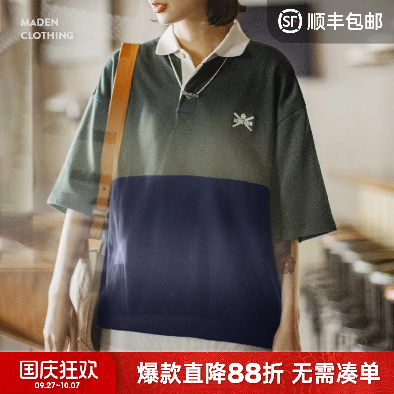 马登夏日美式复古拼接撞色POLO衫学院风刺绣日系宽松短袖T恤女