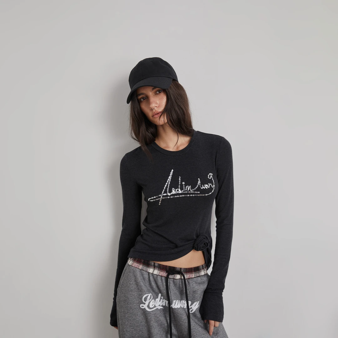 LEDIM WANG“立体花”亮片羊毛T恤