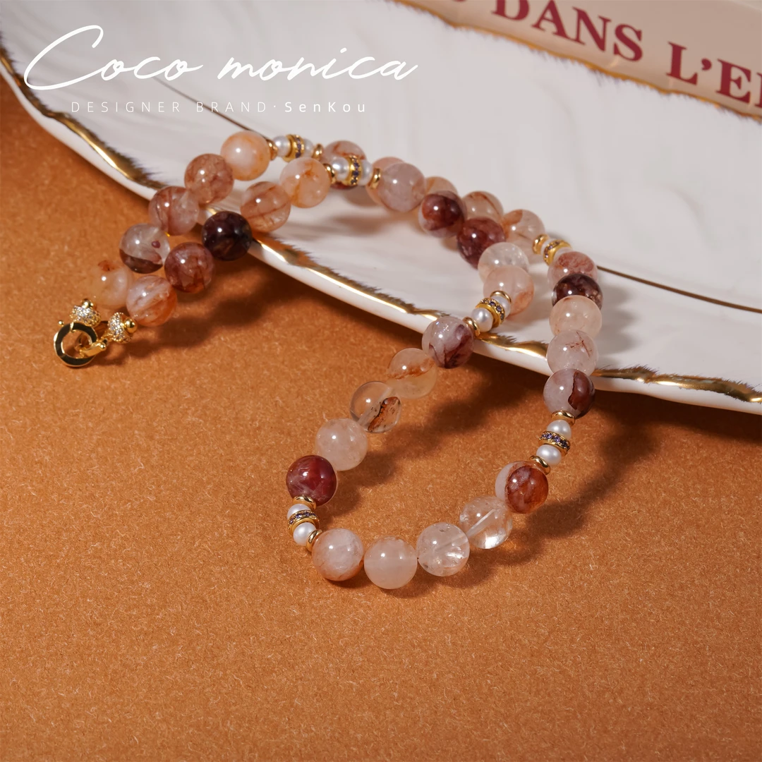 【小霞珠宝】红胶花水晶珍珠项链百搭简约彩色单圈金天然 AC884