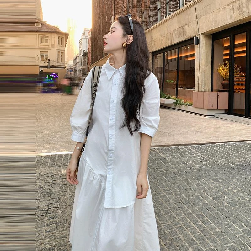 气质简约衬衫裙女夏季2024新款设计感不规则拼接白色高级感连衣裙