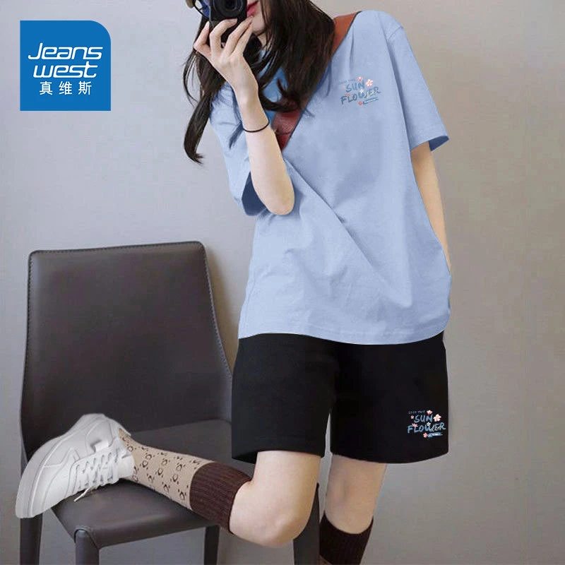 真维斯运动套装女夏2025新款蓝色休闲短袖宽松五分裤恋夏风穿搭