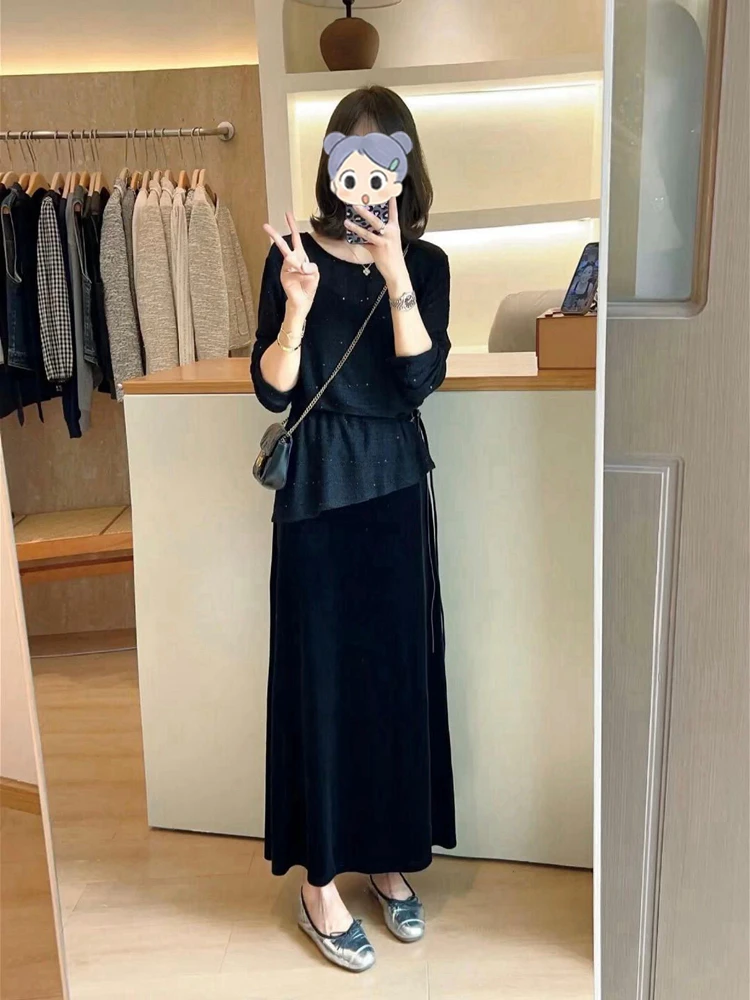 韩系极简高级感穿搭巨好看轻熟假两件黑色连衣裙时尚气质高级显瘦
