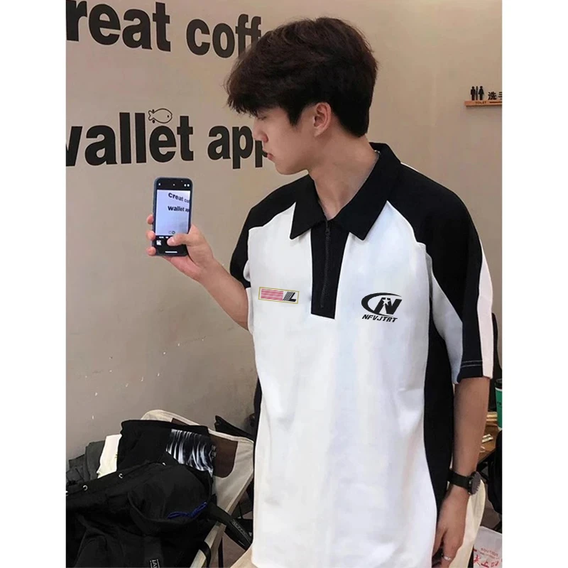 labzaa美式潮牌创意字母印花翻领纯棉短袖男女夏季宽松Polo衫上衣