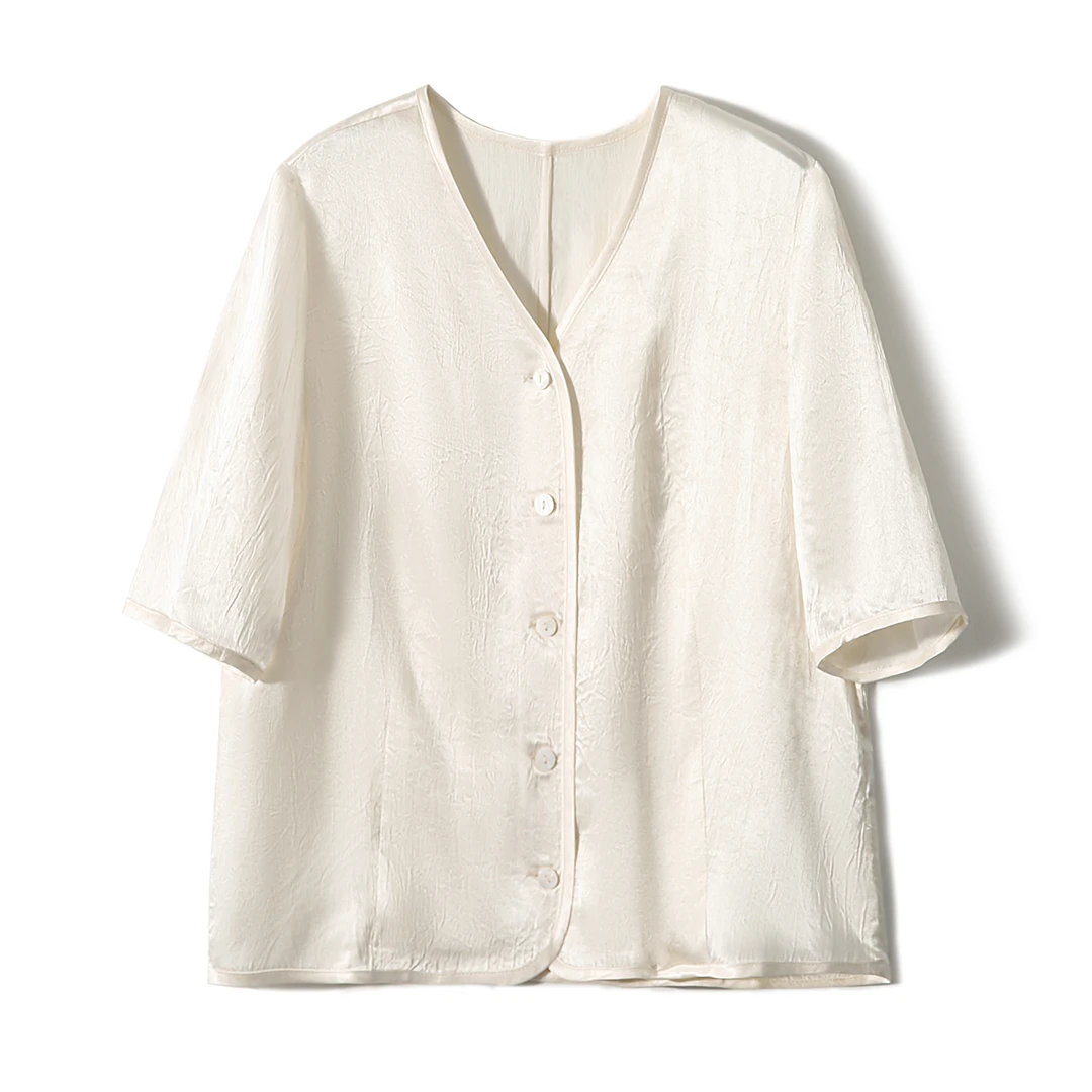 【九月木兮】缎光新中式醋酸皱感肌理衬衫V领短袖小上衣S72282XYAML