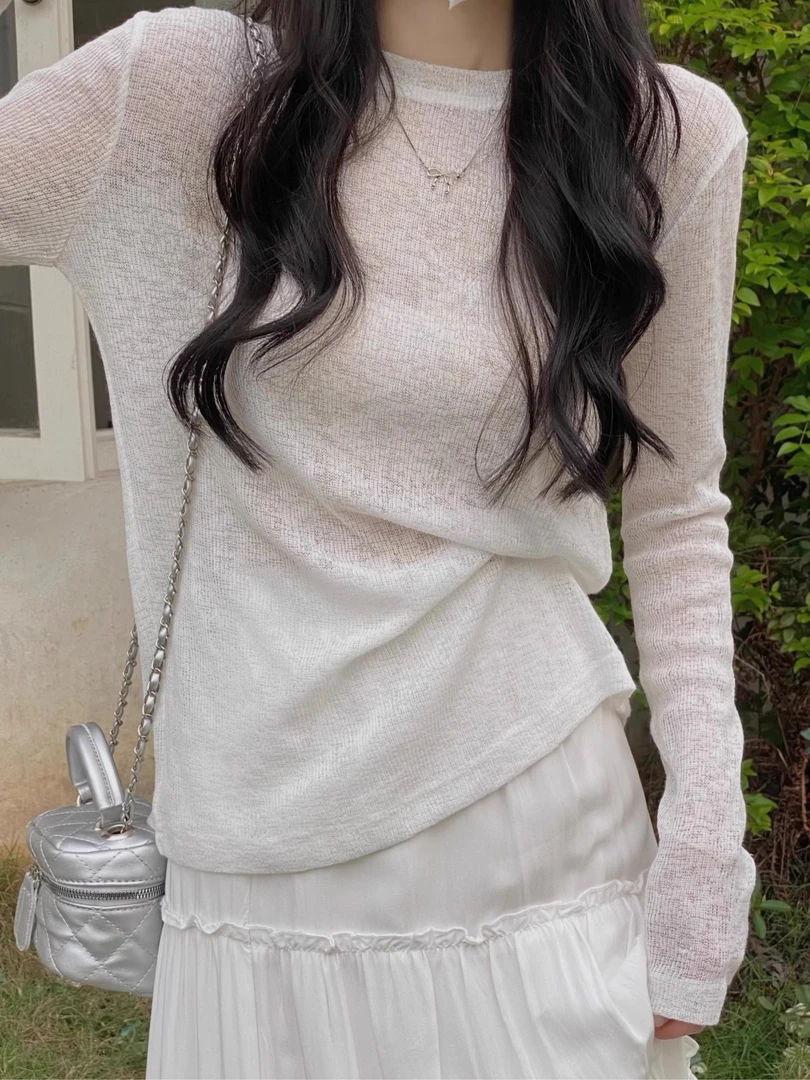 韩版设计感小众薄款防晒长袖t恤女夏季修身圆领针织罩衫上衣ins潮