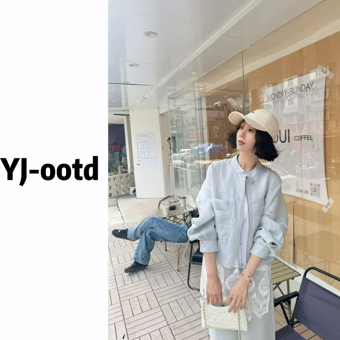 YJ-ootd/25夏季新款老钱风显瘦款休闲拉链亚麻外套