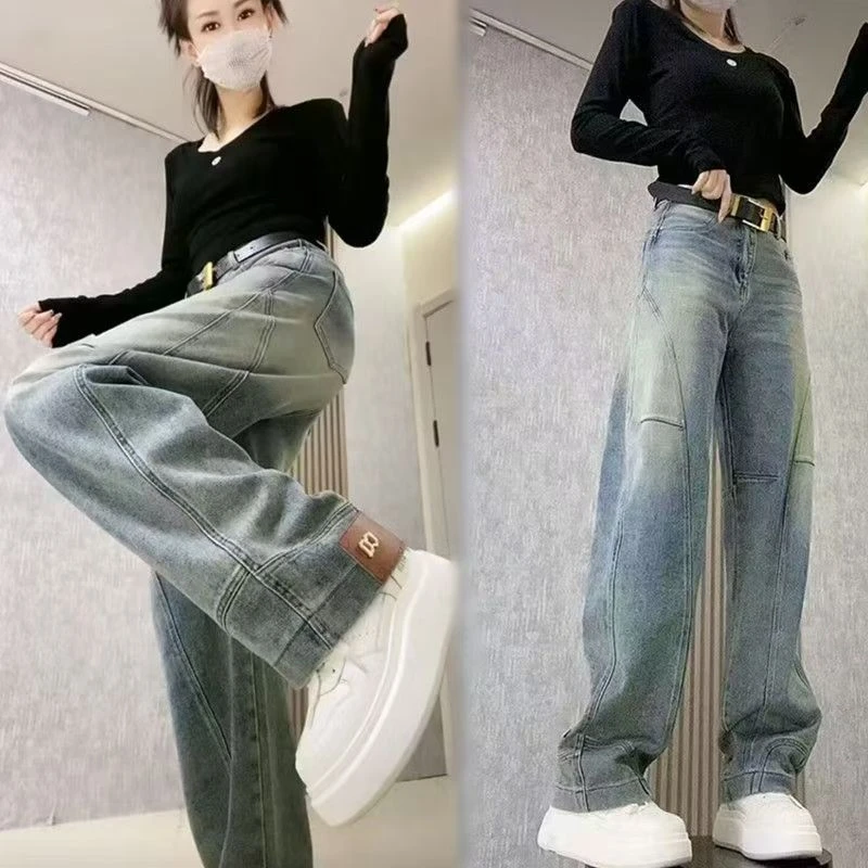 阔腿裤长裤牛仔裤潮流高腰春秋季显瘦复古休闲宽松直筒百搭韩版