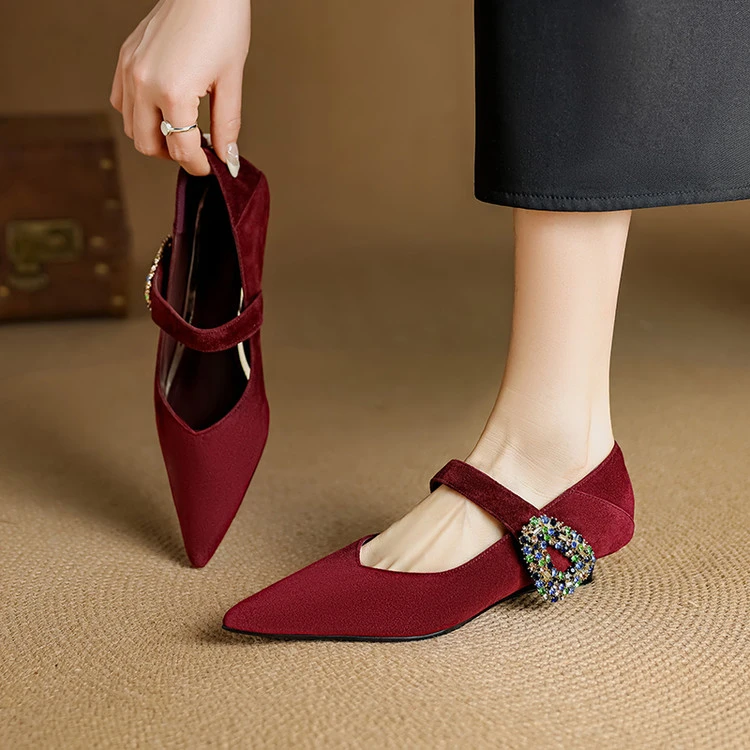 3cm羊皮跟鞋时尚红色尖头浅口单鞋女款2025新款玛丽珍鞋洋气仙女