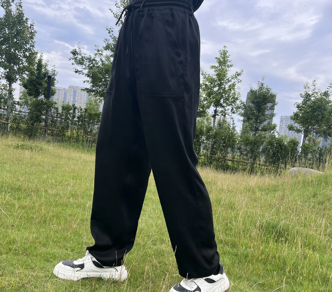 香云纱弹力缎男士桑蚕丝夏季薄款透气宽松休闲直筒裤百搭两面穿