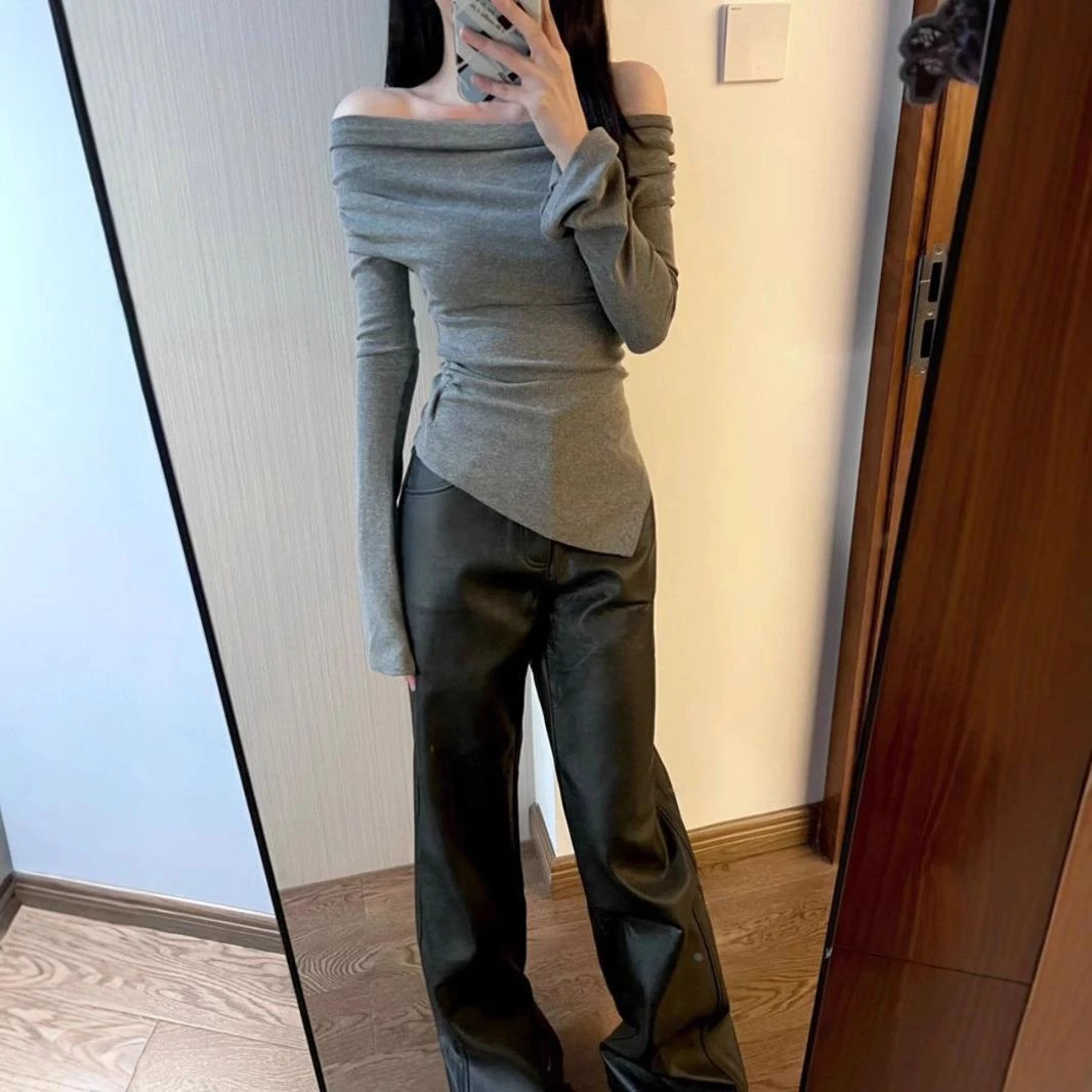 法式御姐穿搭荡领长袖T恤女早秋季设计感小众修身不规则性感上衣