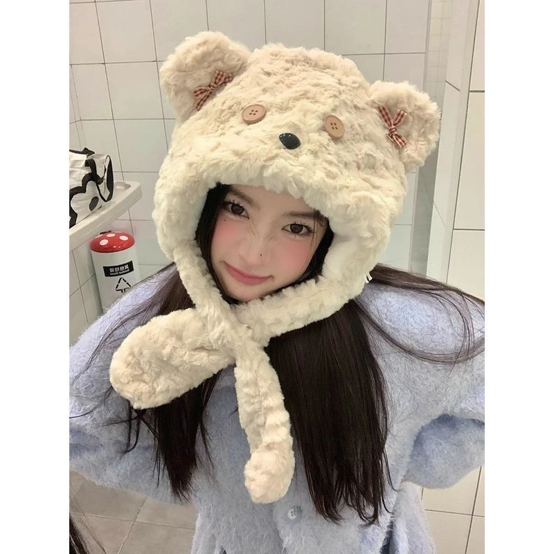 新款卡通小熊毛绒纽扣秋冬围巾帽子可爱一体加厚防风保暖围脖雷锋