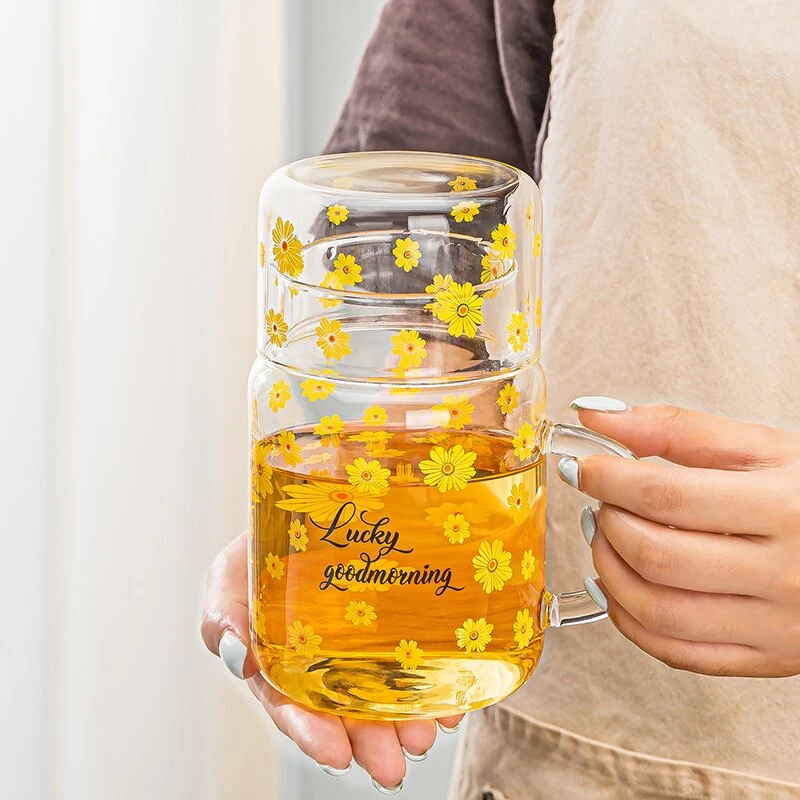 【一壶一杯】一人饮耐热大容量带把手印花玻璃杯高硼硅煮茶泡茶壶