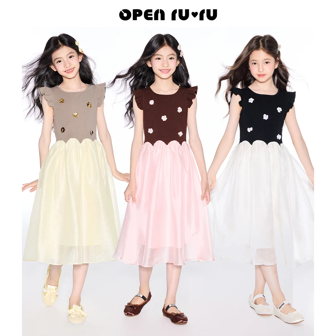 Opennunu女童韩系无袖花朵连衣裙夏季中大童设计感撞色亲肤背心裙