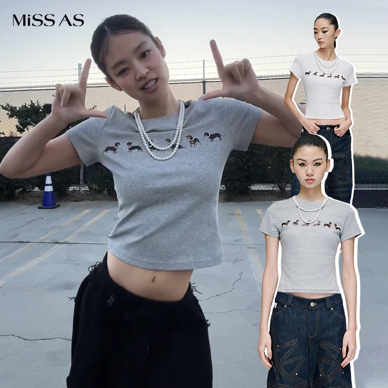jennie同款【MARKGONG】时尚洋气百搭狗狗印花短款弹力短袖潮牌T恤