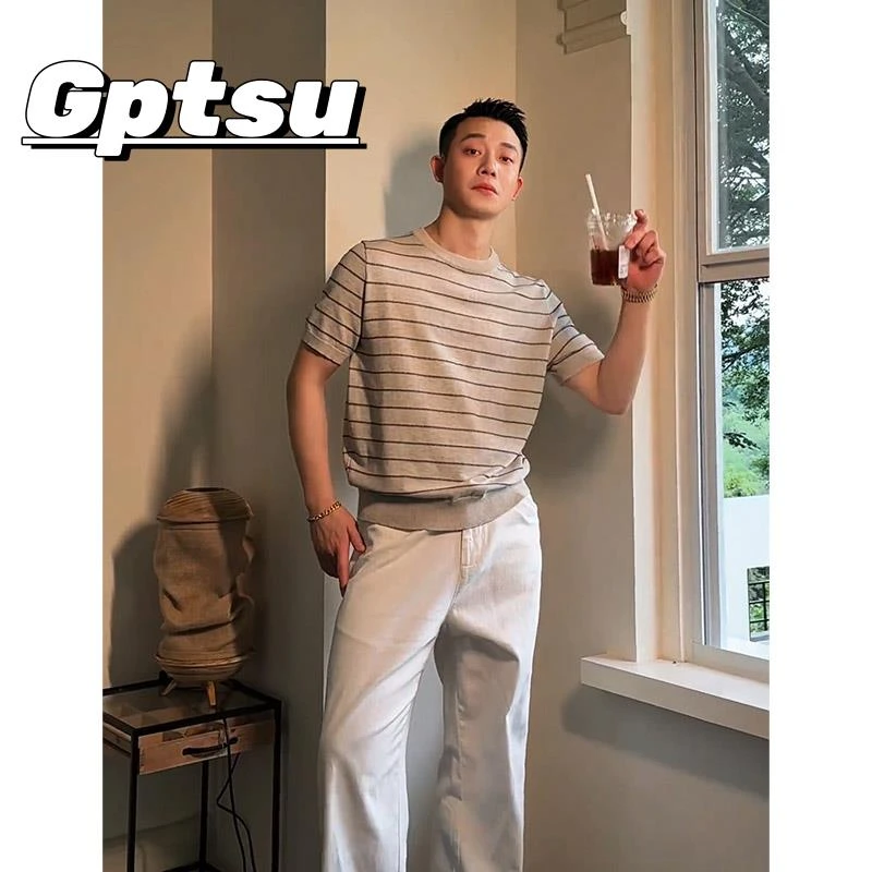 GPTSu轻熟风条纹正肩短袖T恤男夏季薄款高级感冰丝针织衫半袖上衣