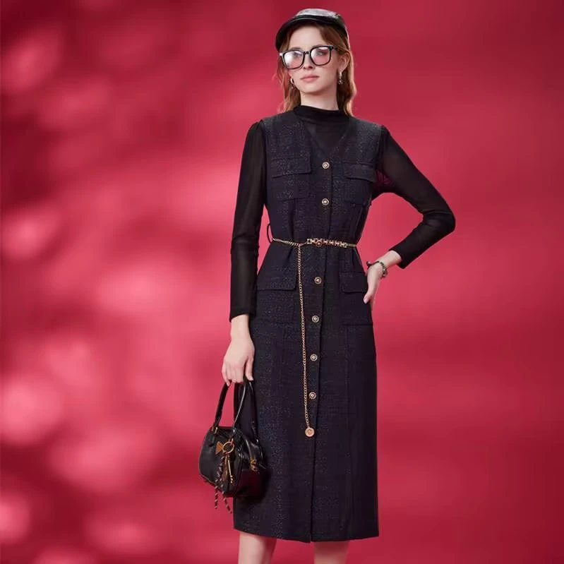 单排多扣休闲风连衣裙女装复古修身时尚春季提花