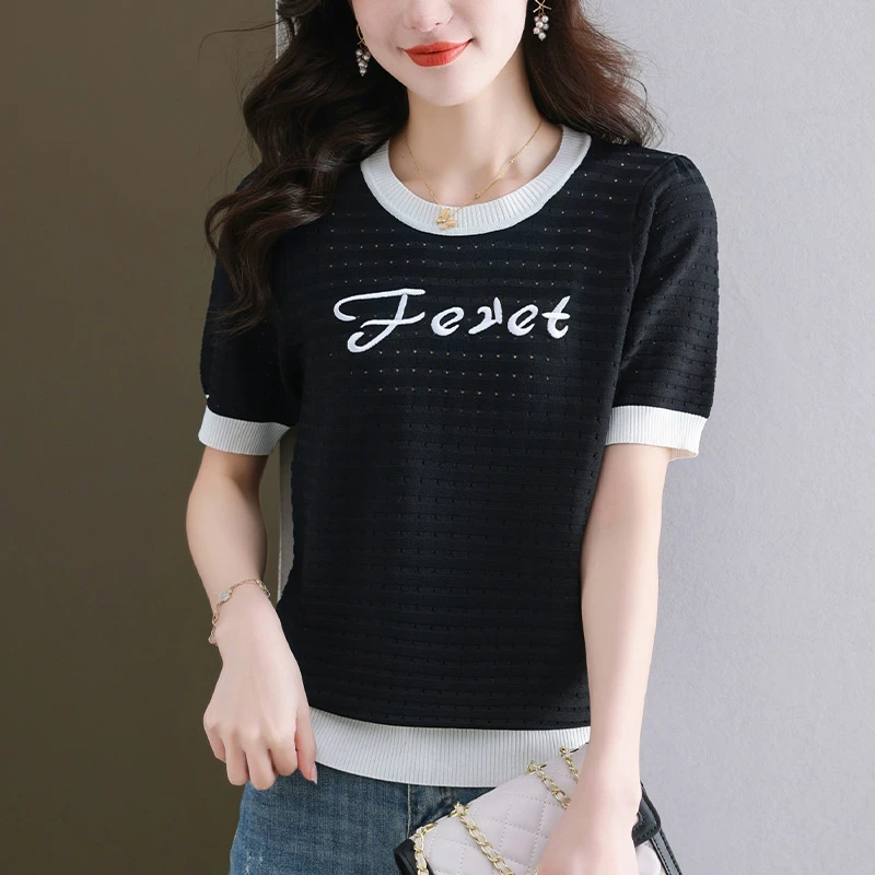 胖mm夏季2025新款大码宽松短袖t恤冰丝针织衫女镂空字母圆领上衣