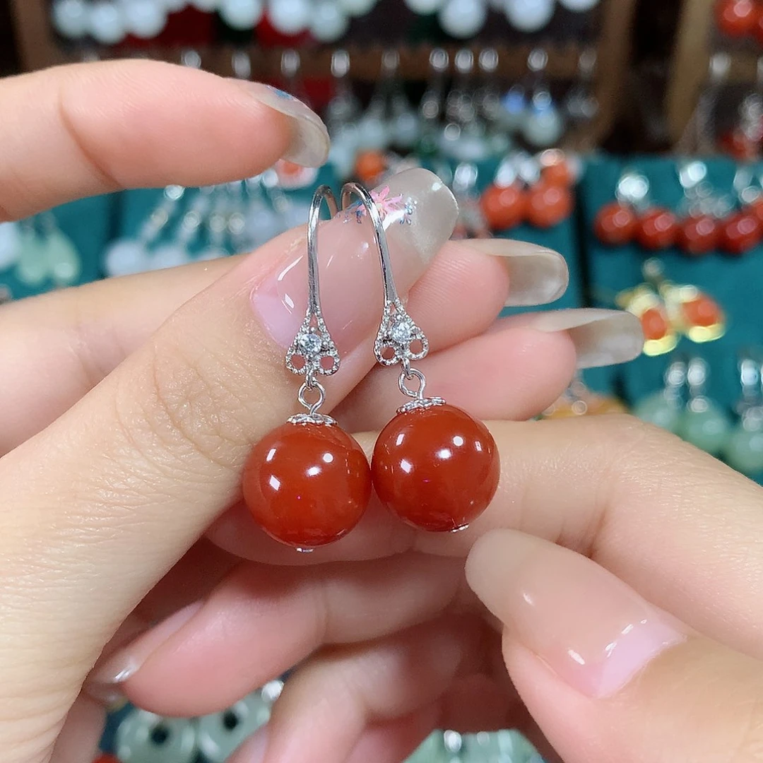 玛瑙/玉髓耳饰银S925镶嵌天然红玛瑙12mm左右