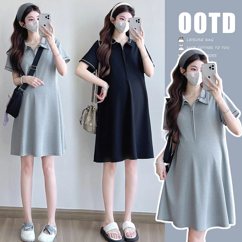 2025孕妇装夏季新款翻领休闲连衣裙时尚中长款长款V领薄款T恤裙