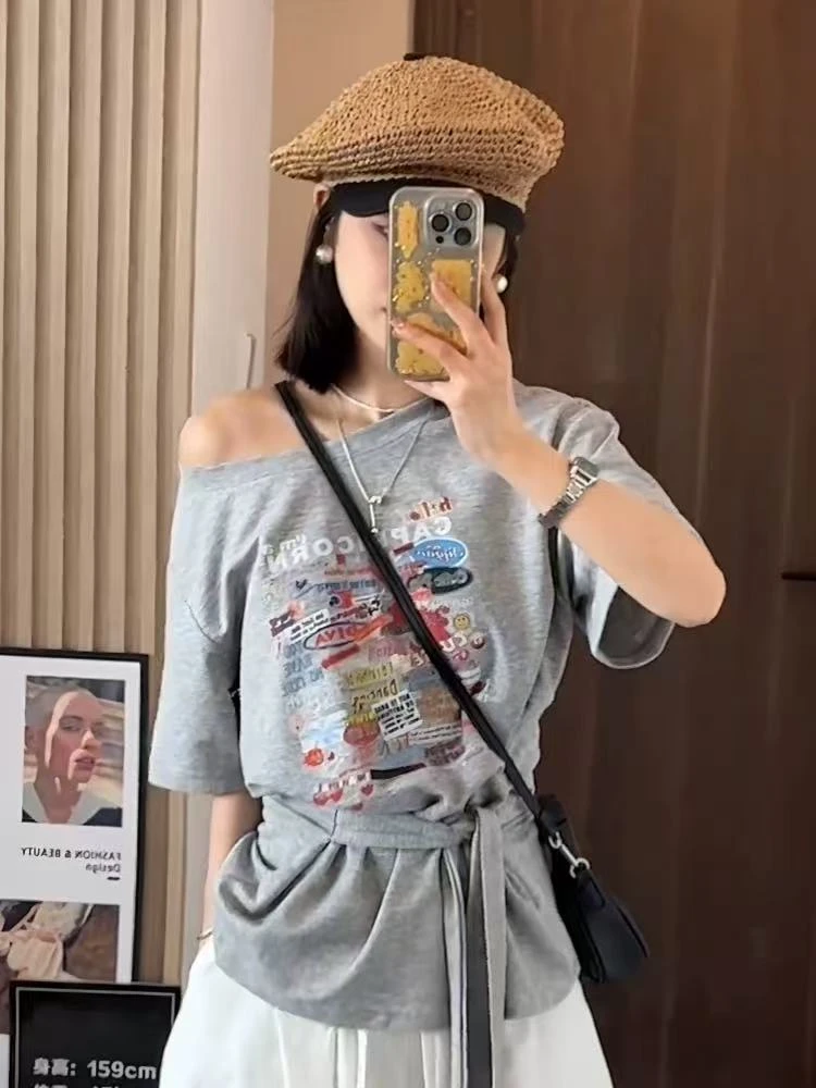 大码夏季新款掐腰显瘦宽松版型印花斜肩短袖T恤6506