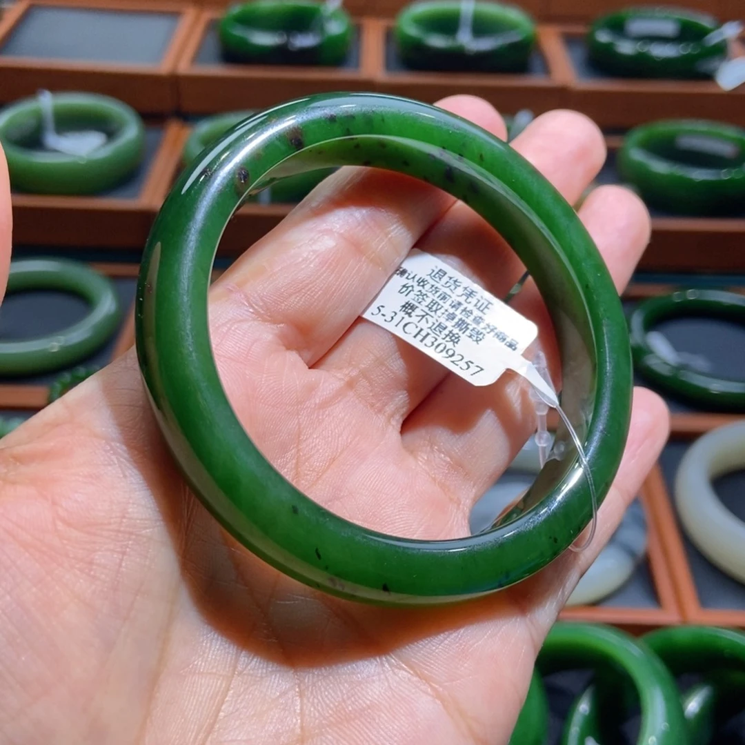 和田玉未镶嵌手镯俄碧冰底菠菜绿5758