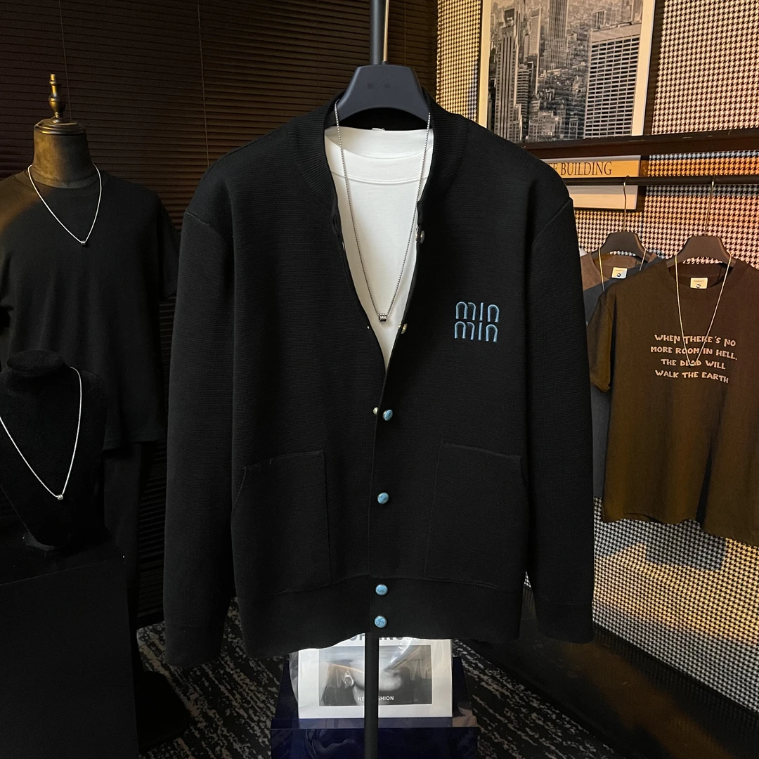 【CS166】时尚新款绿松石设计潮流百搭丝光棉刺绣针织开衫外套男