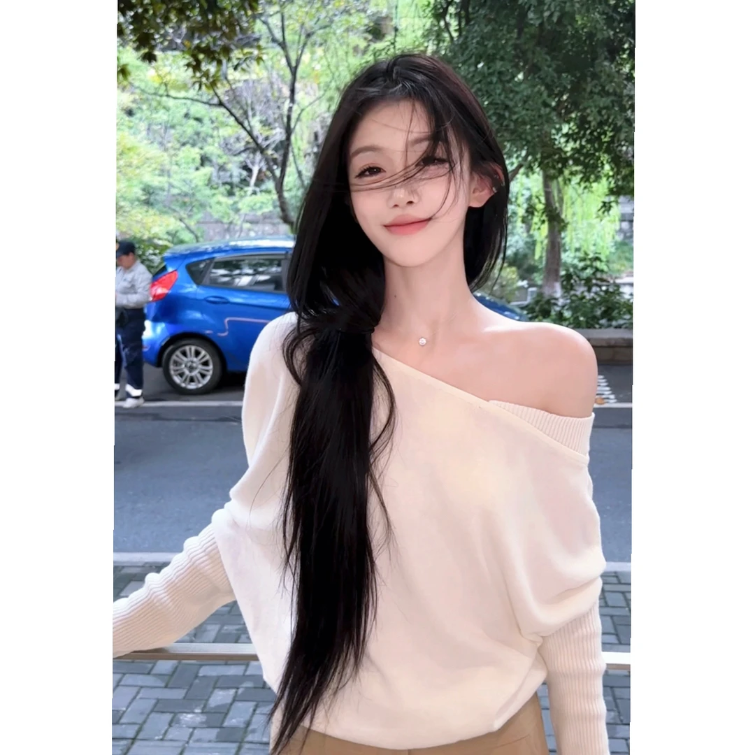 Pz【高智美女】山羊绒斜肩套头毛衣高级设计感松弛上衣