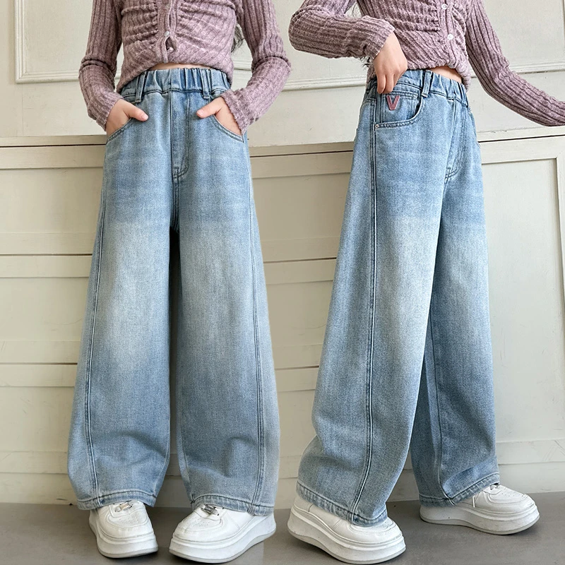 女童裤子牛仔阔腿裤春秋装2025新款中大童韩版网红弯刀裤休闲长裤