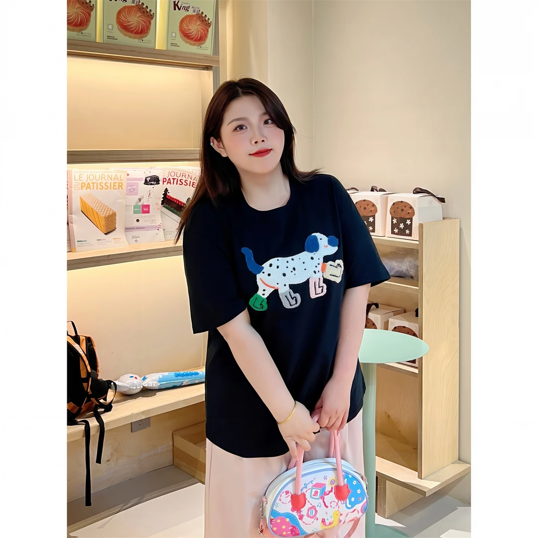 松弛漫旅 / 重工街头小狗刺绣短袖T恤15367花契大码200斤胖mm夏季