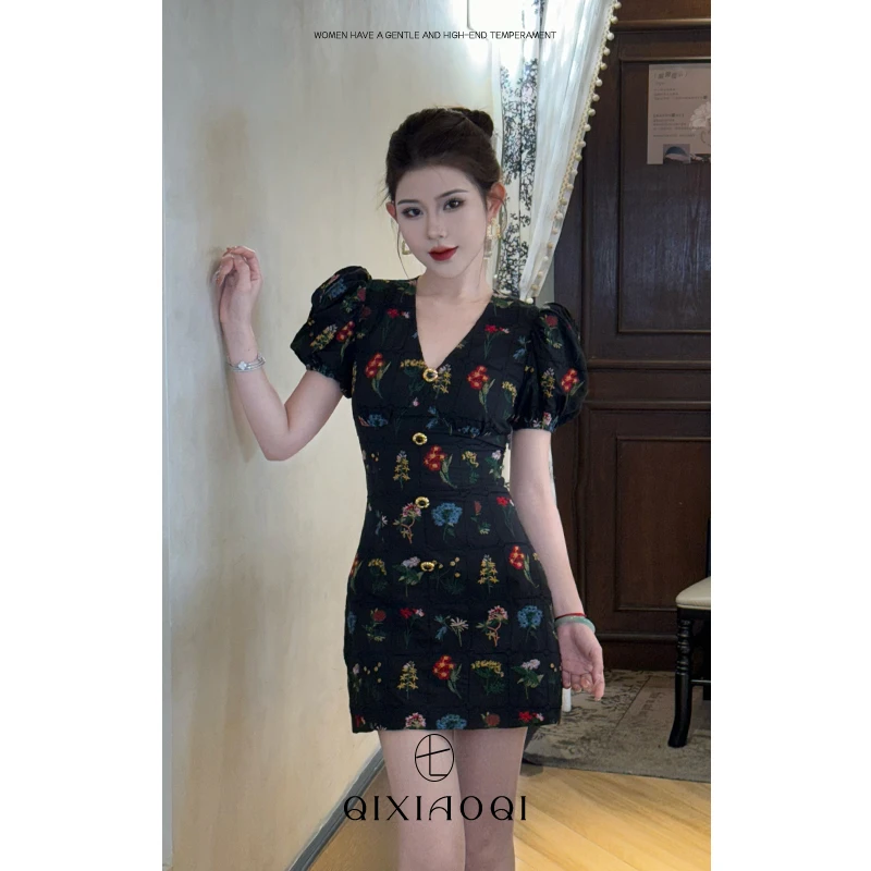 七小七Sicily【醉梦繁花】法式重工V领刺绣泡泡袖连衣裙女春夏季