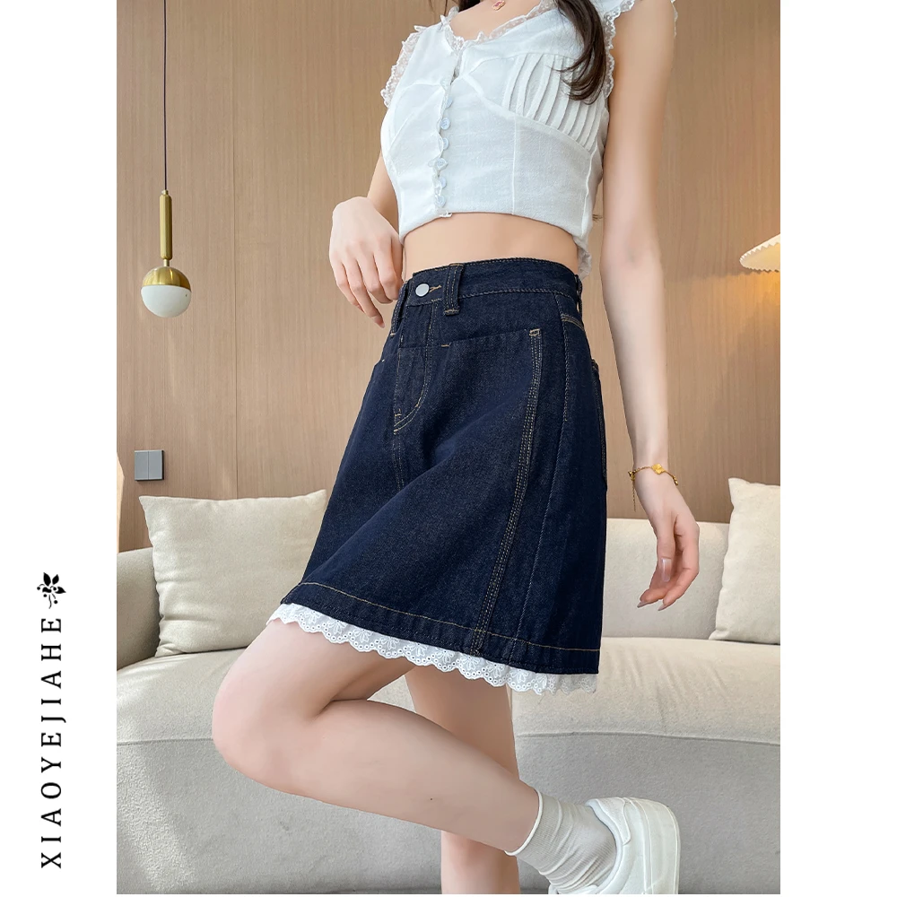蕾丝花边牛仔短裙丹宁2025年夏季薄款高腰显瘦半身裙防走光a字裙
