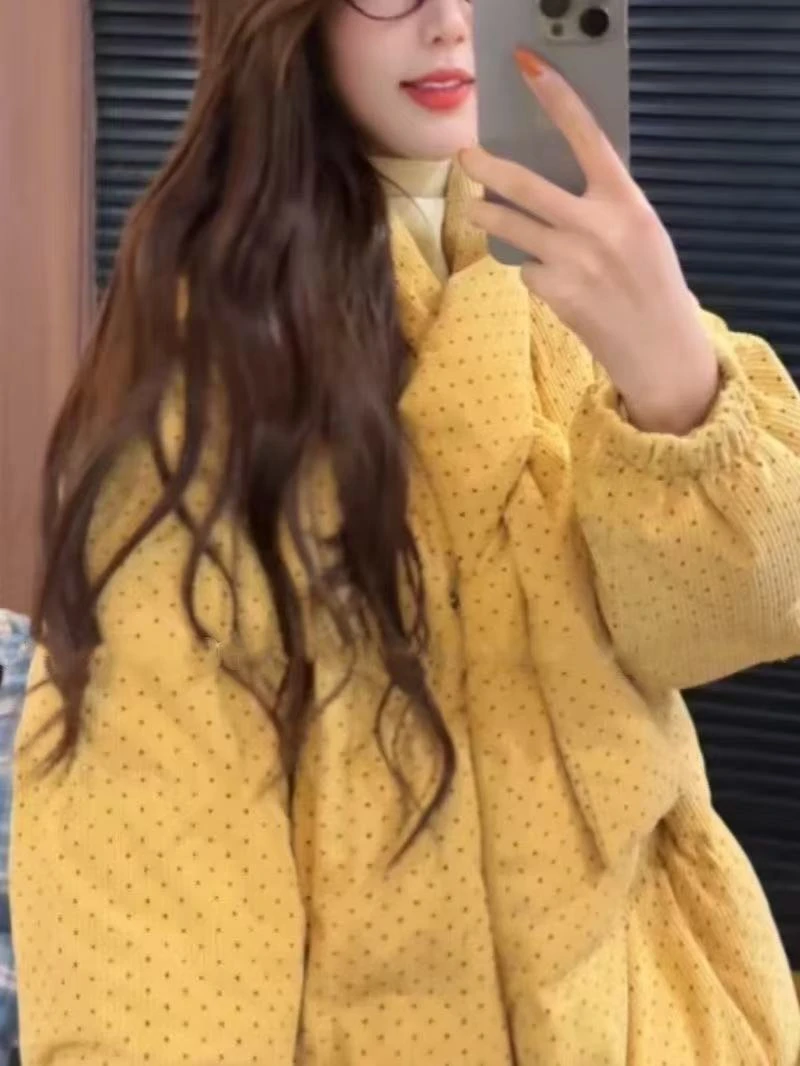 抗起球保暖宽松型耐脏女棉服圆点拼接外套百搭设计感棉服