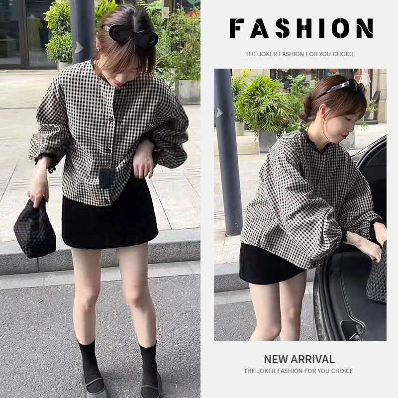 早春穿搭一整套女2025新款韩系宽松显瘦格子衬衫高腰短裙两件套装