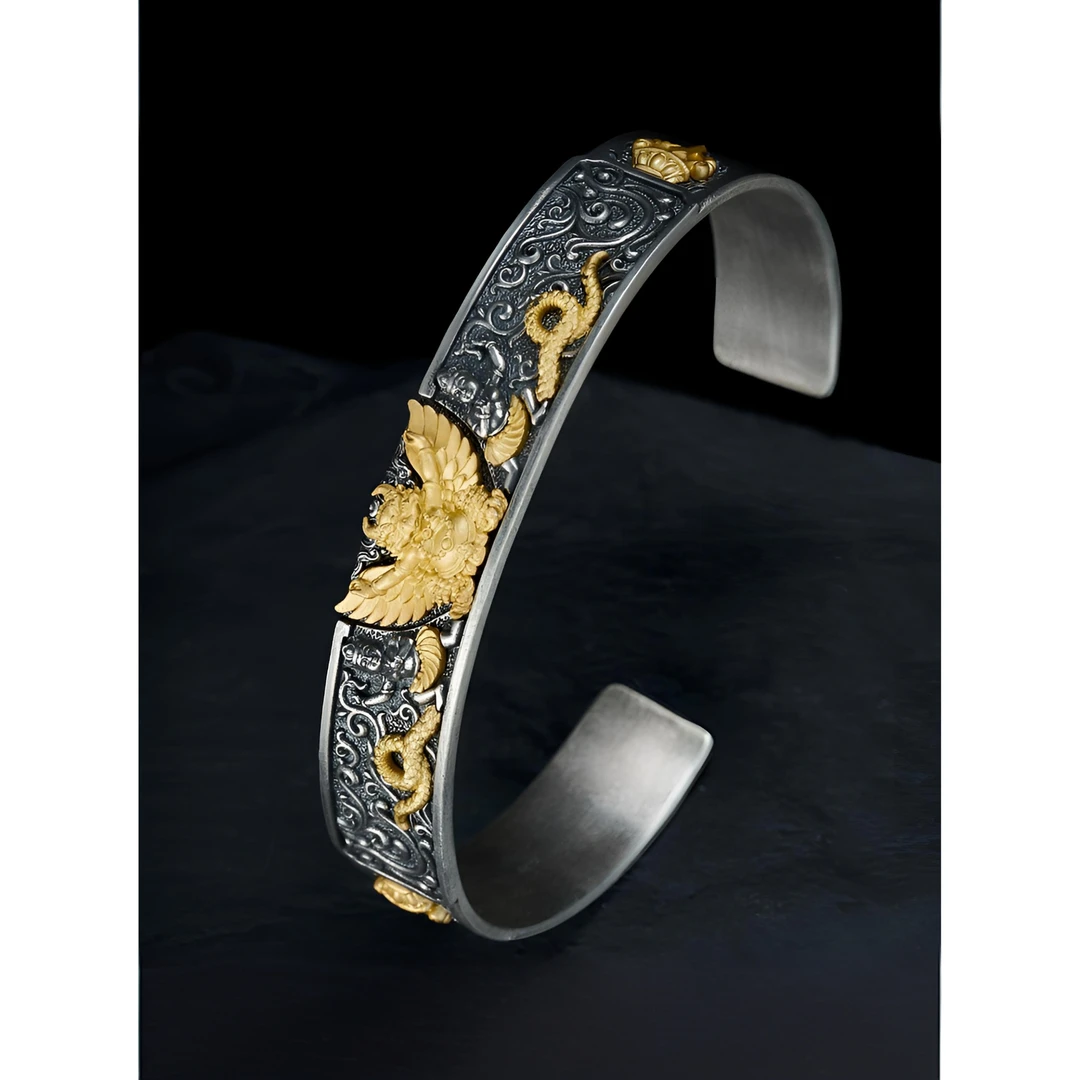 925银手镯 S925银龙女大鹏鸟开口手镯法华经纯手工个性民族风实心