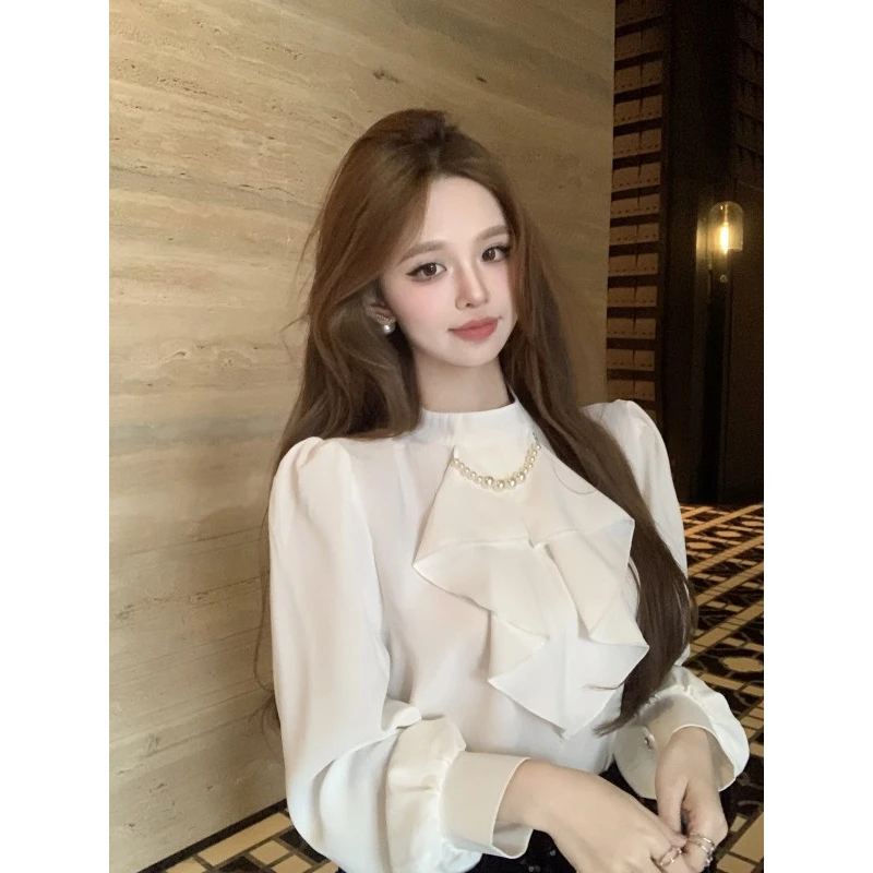 法式优雅白色衬衫设计感纯欲上衣珍珠荷叶领气质衬衣知性风衣服